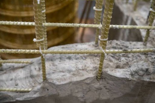 Fiberglass reinforcement armature in the foundation close up